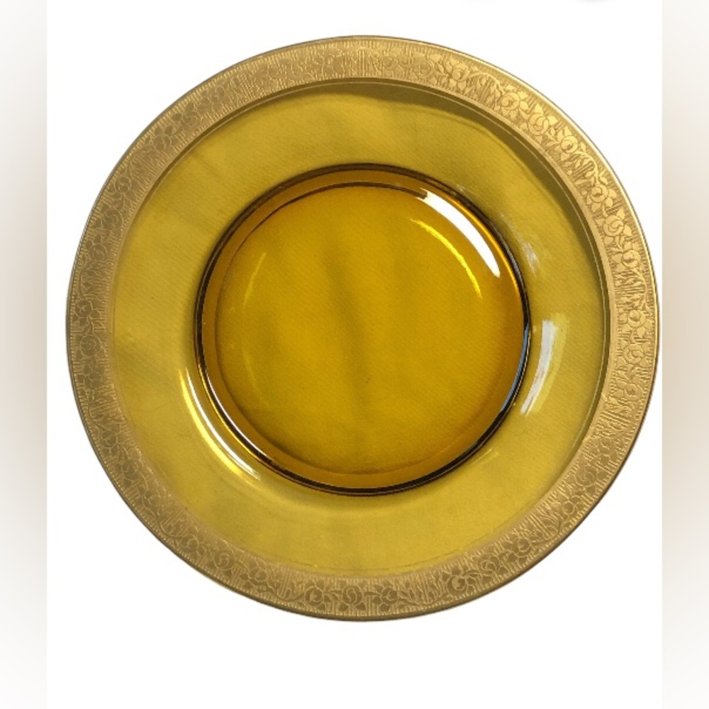 7 17/20” Tiffin Franciscan Amber Glass Gold Trimmed Clear Glass Plate